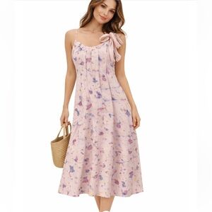 BELLAMBRA Floral Midi Dress Pink Watercolor Bow Strap Size Small 100% linen